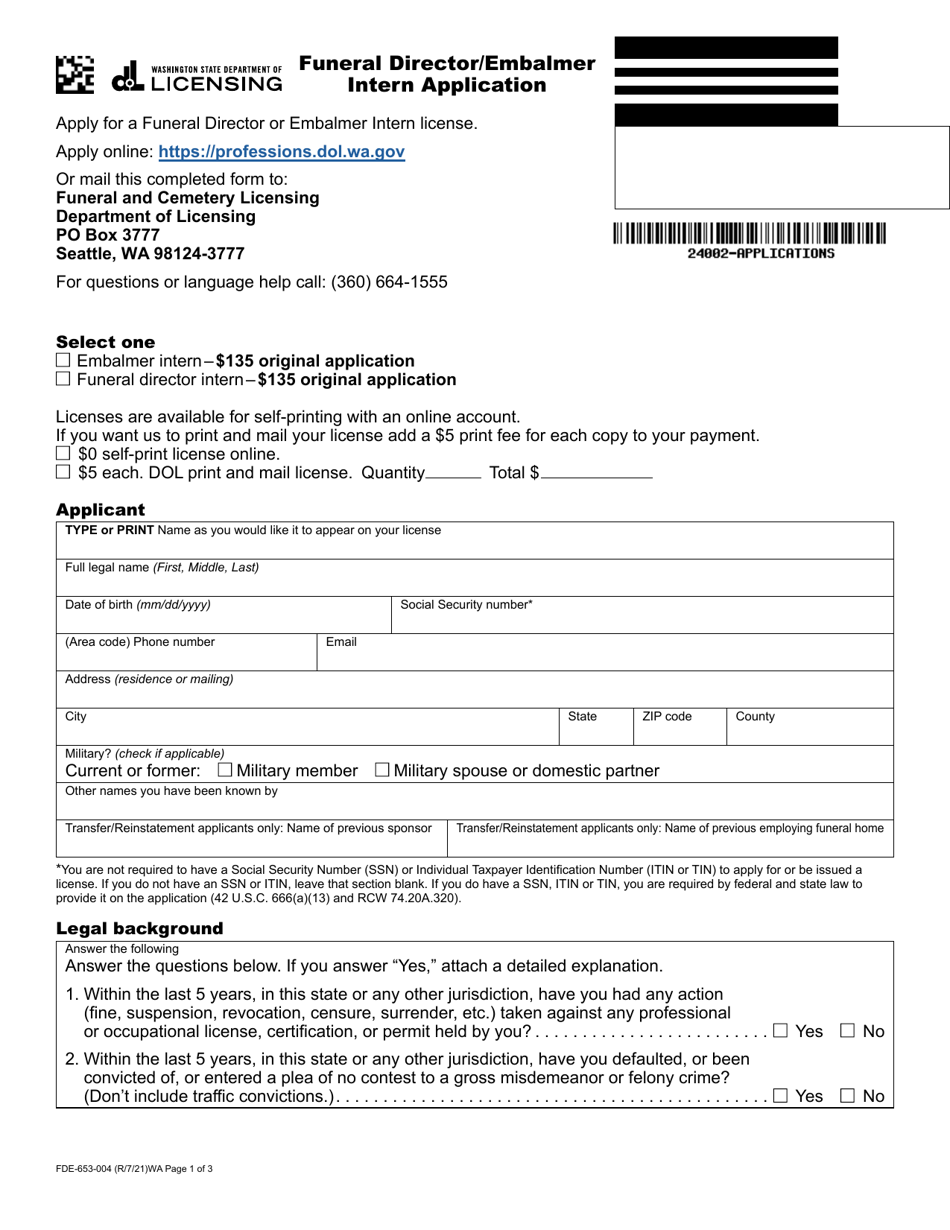 Form FDE-653-004 Funeral Director / Embalmer Intern Application - Washington, Page 1