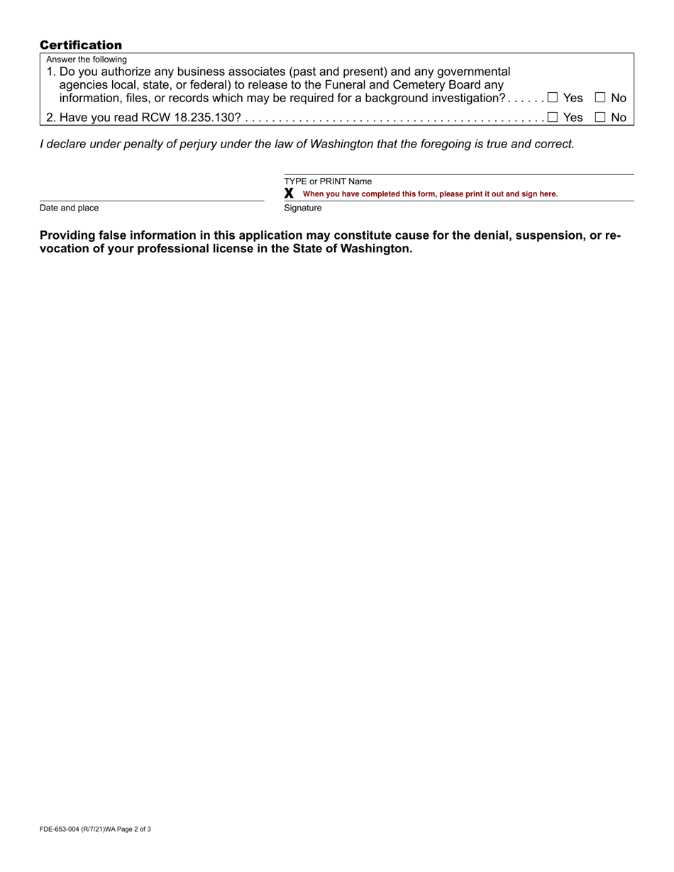Form FDE-653-004 Funeral Director / Embalmer Intern Application - Washington, Page 2