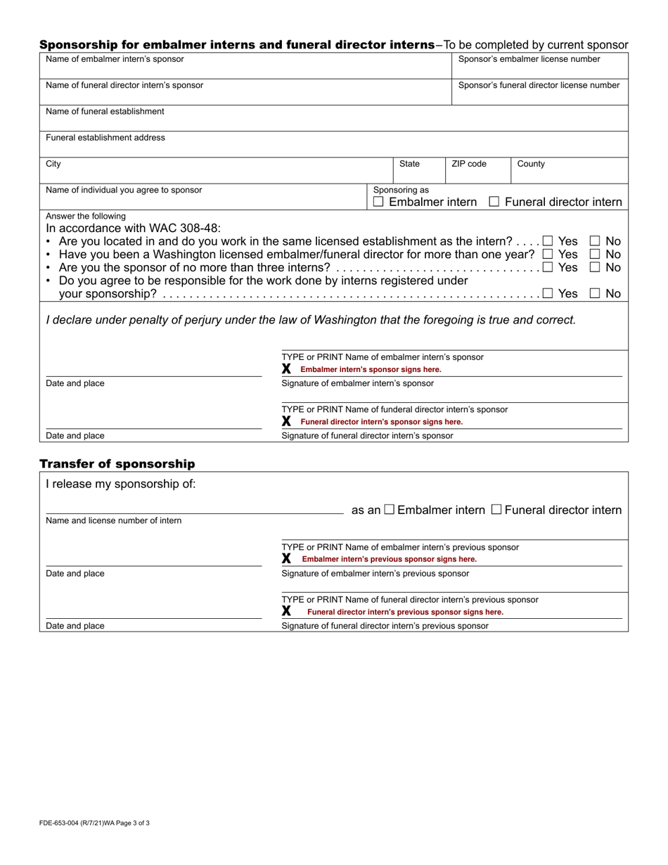 Form FDE-653-004 Funeral Director / Embalmer Intern Application - Washington, Page 3