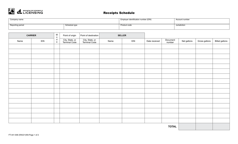 Form FT-441-846 Receipts Schedule - Washington, Page 1