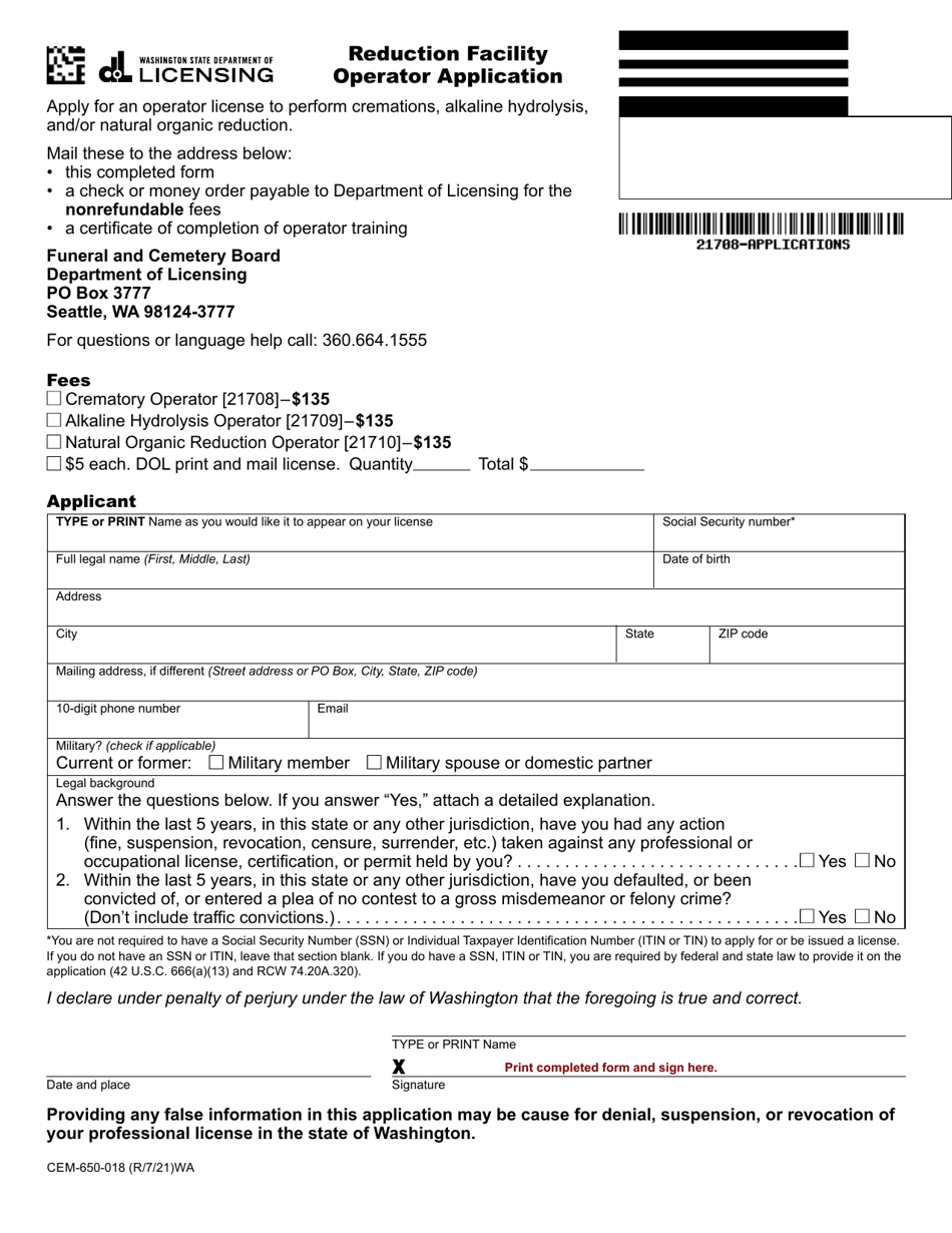 Form CEM-650-018 Reduction Facility Operator Application - Washington, Page 1