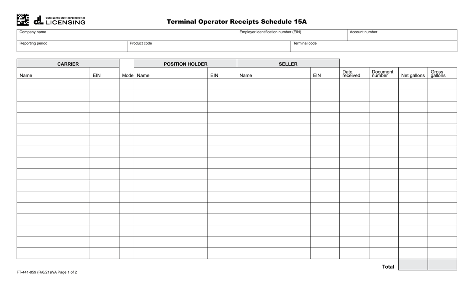 Form FT-441-859 Schedule 15A Terminal Operator Receipts Schedule - Washington, Page 1