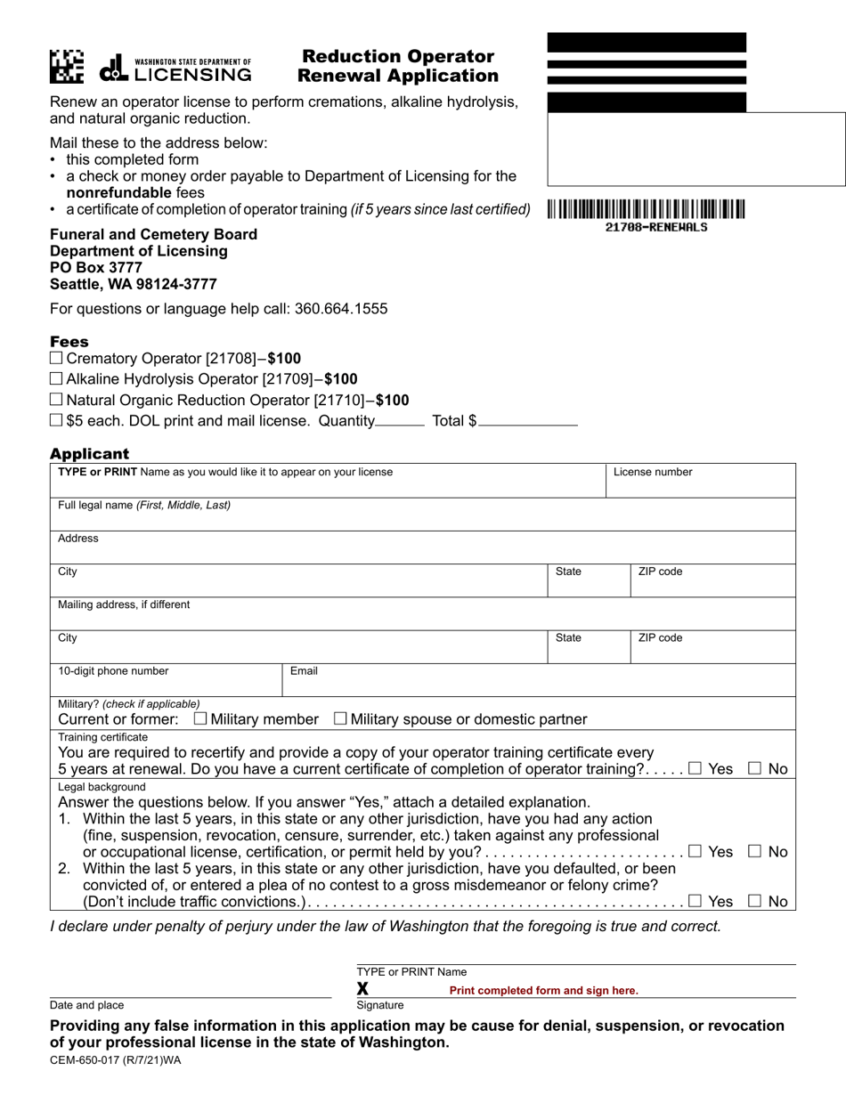 Form CEM-650-017 Reduction Operator Renewal Application - Washington, Page 1