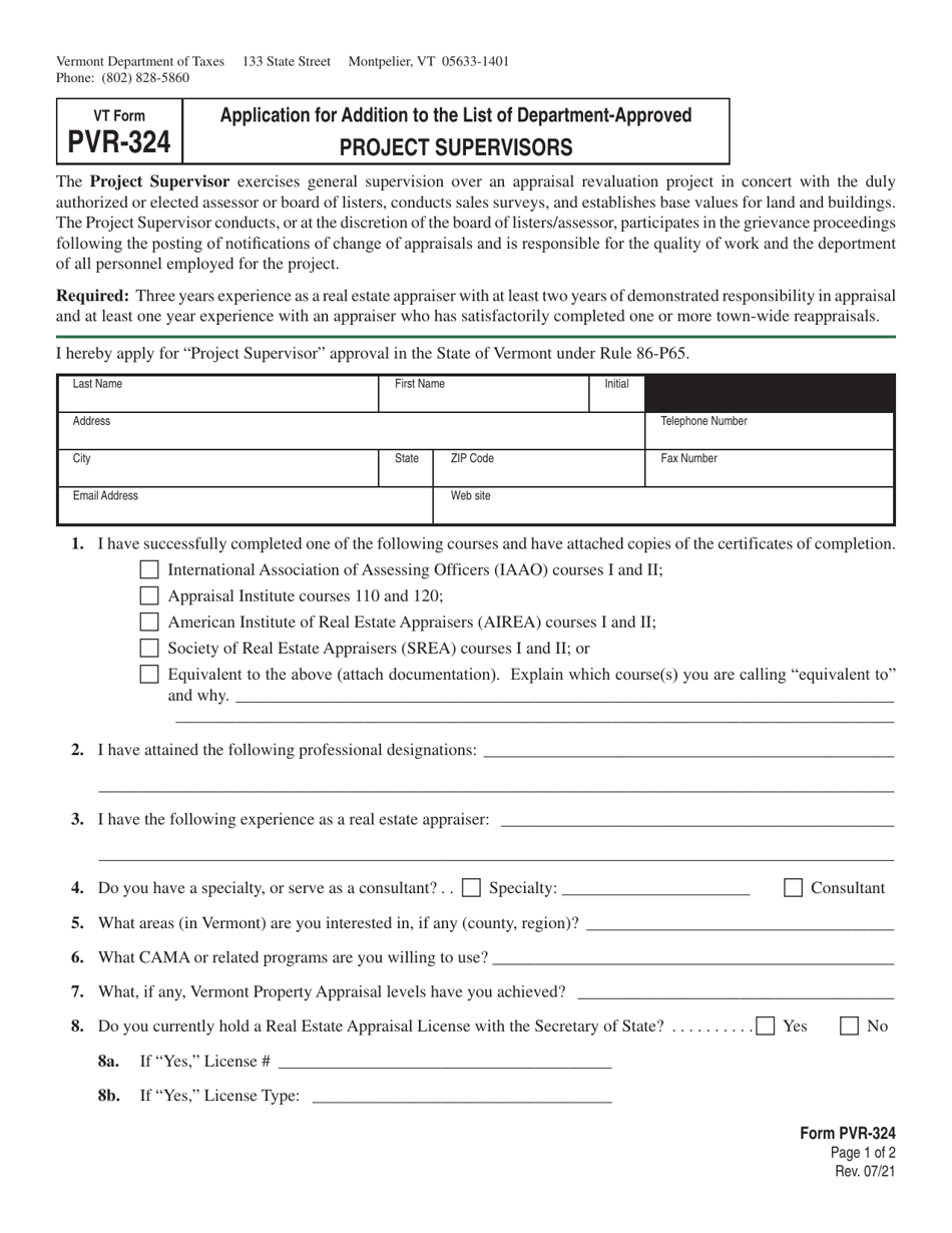 VT Form PVR-324 Application for Addition to the List of Department-Approved Project Supervisors - Vermont, Page 1
