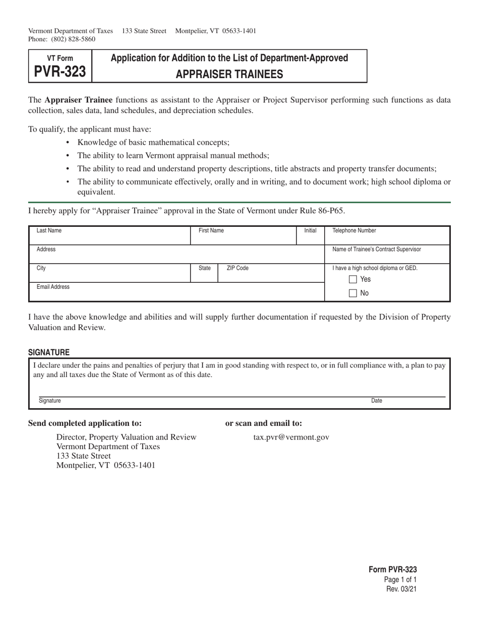 VT Form PVR-323 Application for Addition to the List of Department-Approved Appraiser Trainees - Vermont, Page 1