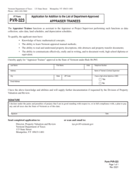 Document preview: VT Form PVR-323 Application for Addition to the List of Department-Approved Appraiser Trainees - Vermont