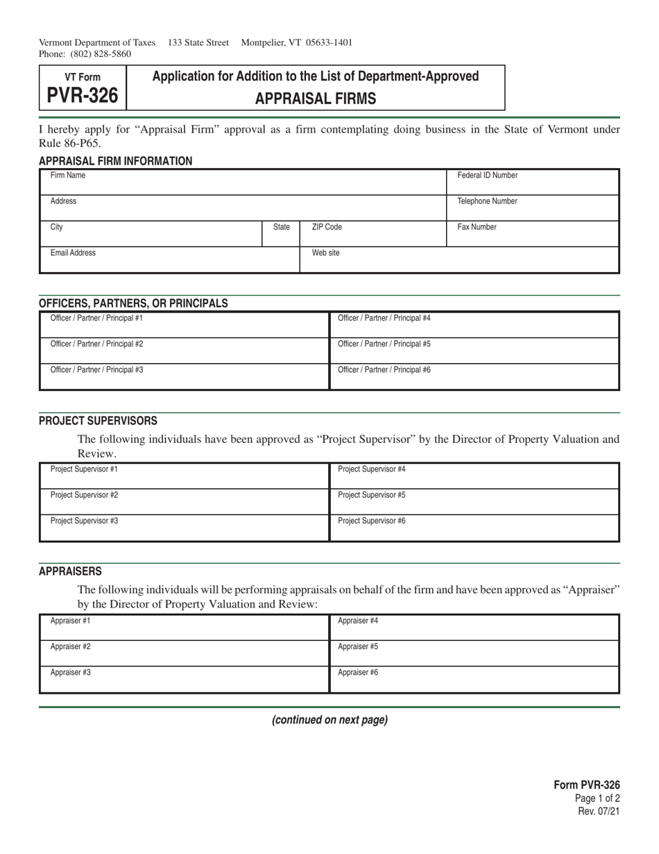 VT Form PVR-326 Application for Addition to the List of Department-Approved Appraisal Firms - Vermont, Page 1