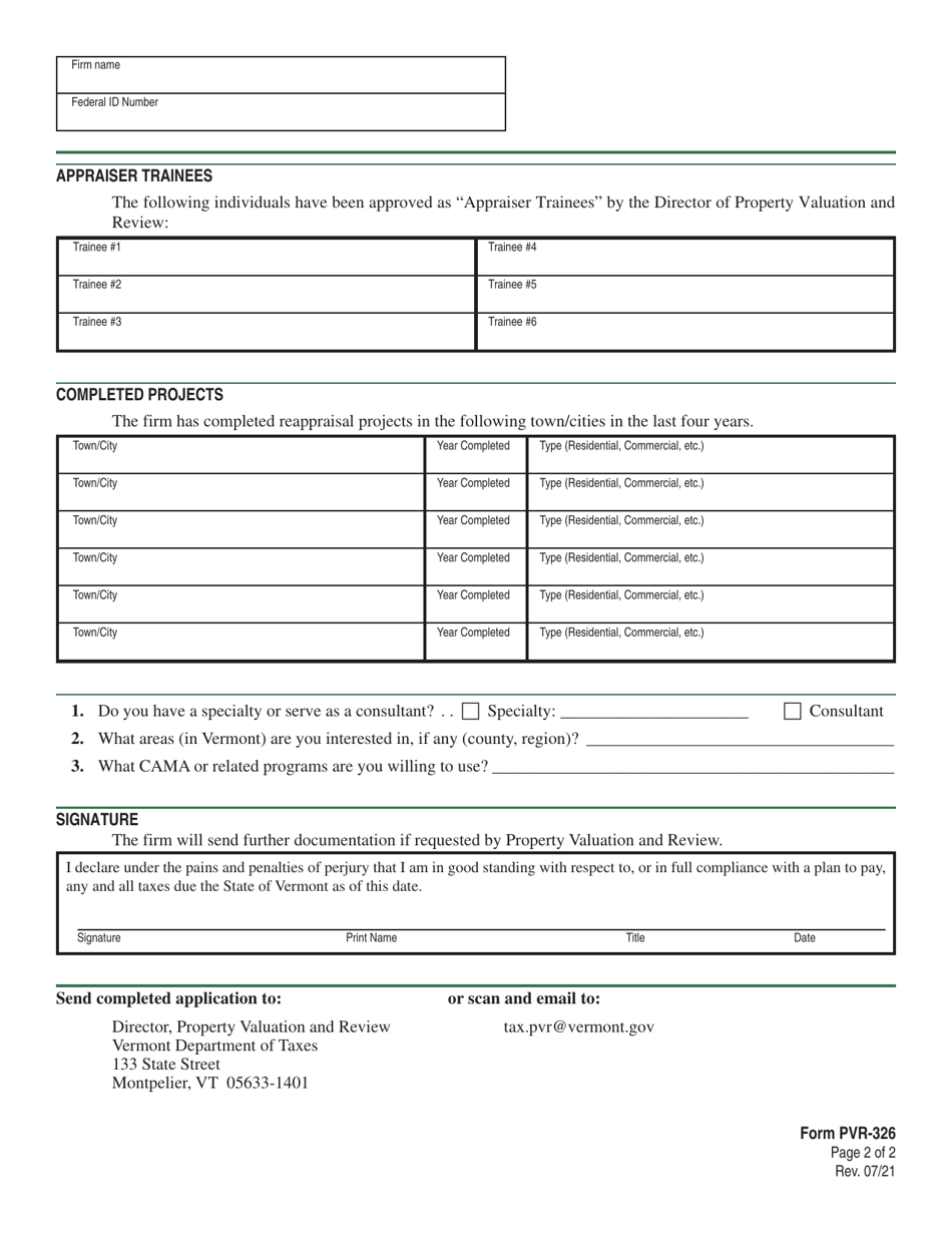 VT Form PVR-326 Application for Addition to the List of Department-Approved Appraisal Firms - Vermont, Page 2