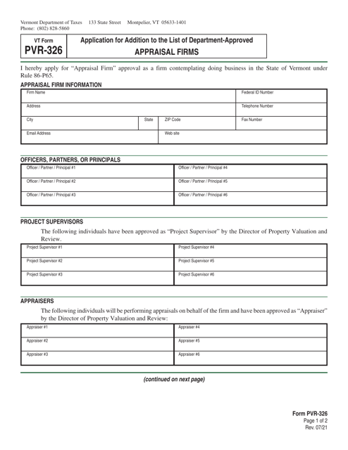 VT Form PVR-326 Application for Addition to the List of Department-Approved Appraisal Firms - Vermont