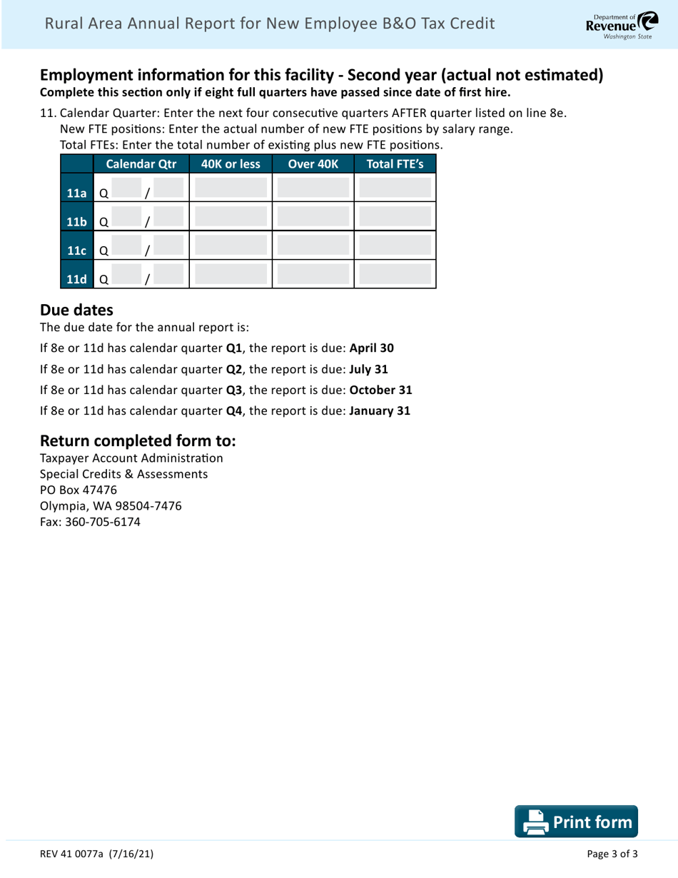 Form REV41 0077A Rural Area Annual Report for New Employee Bo Tax Credit - Washington, Page 3