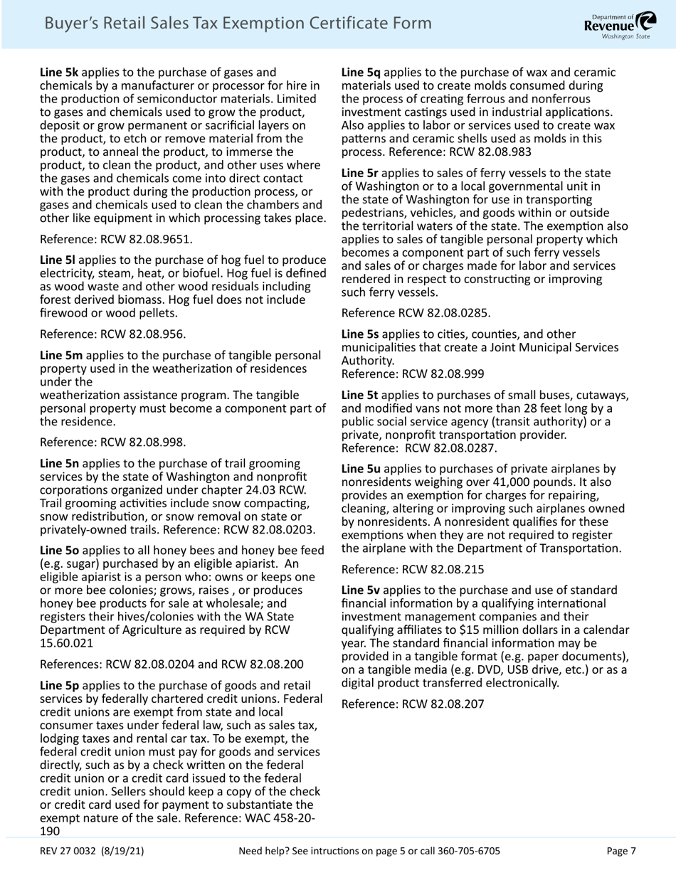 Form REV27 0032 Buyers Retail Sales Tax Exemption Certificate - Washington, Page 7