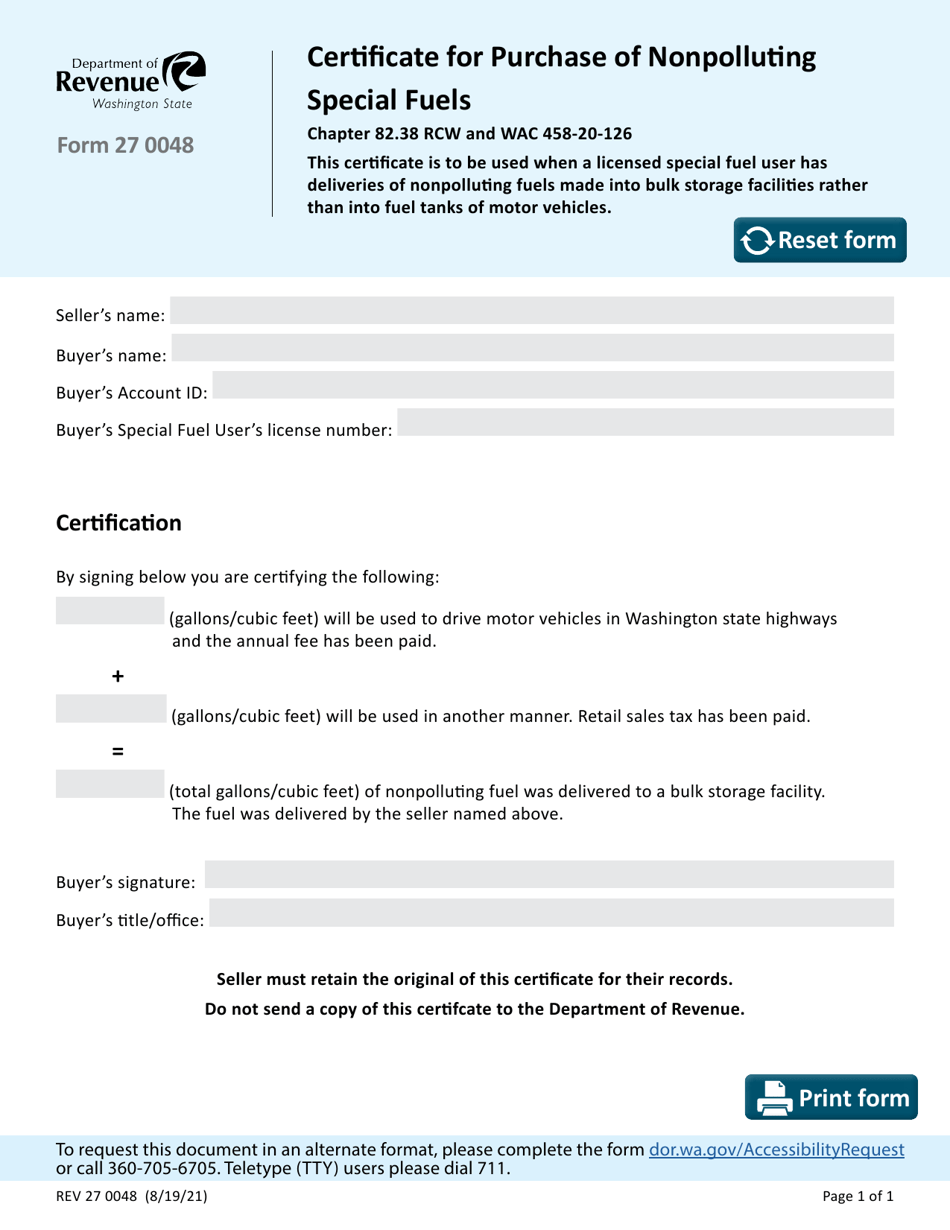 Form REV27 0048 Certificate for Purchase of Nonpolluting Special Fuels - Washington, Page 1