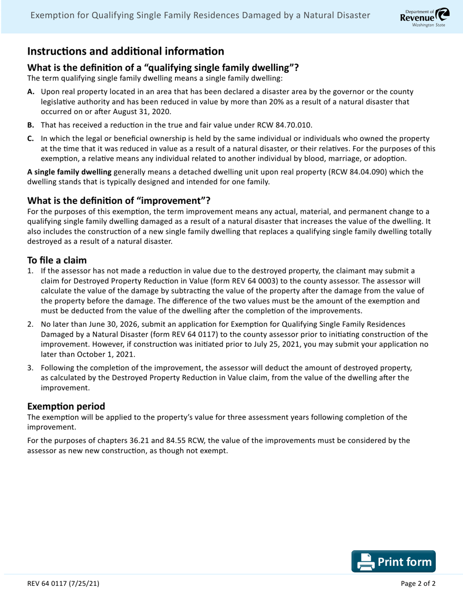 Form REV64 0117 Exemption for Qualifying Single Family Residences Damaged by a Natural Disaster - Washington, Page 2