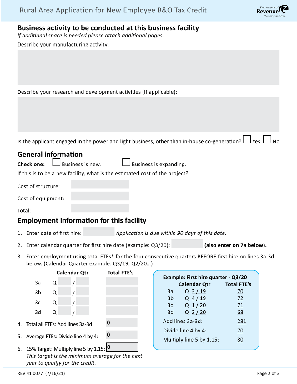 Form REV41 0077 Rural Area Application for New Employee Bo Tax Credit - Washington, Page 2