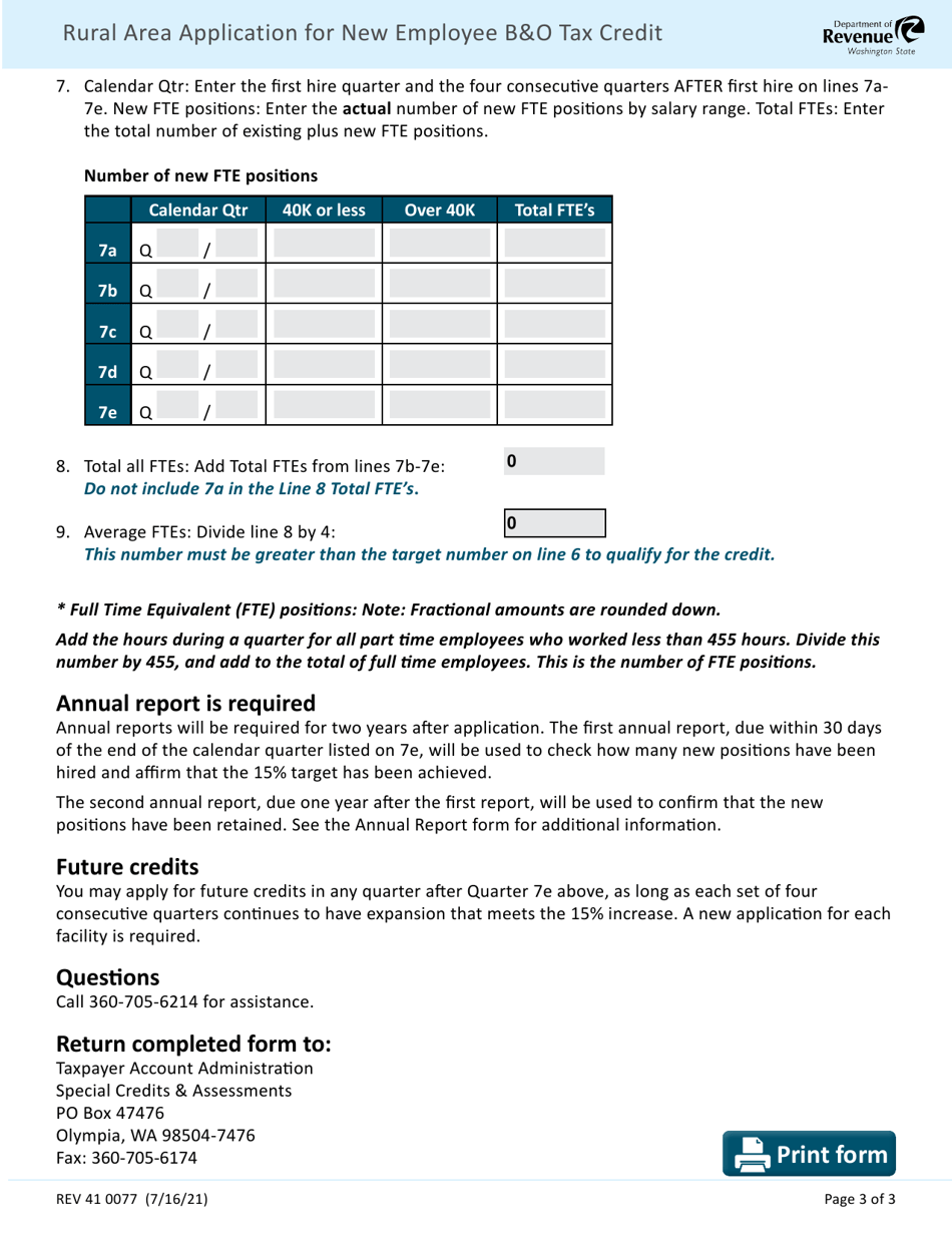 Form REV41 0077 Rural Area Application for New Employee Bo Tax Credit - Washington, Page 3