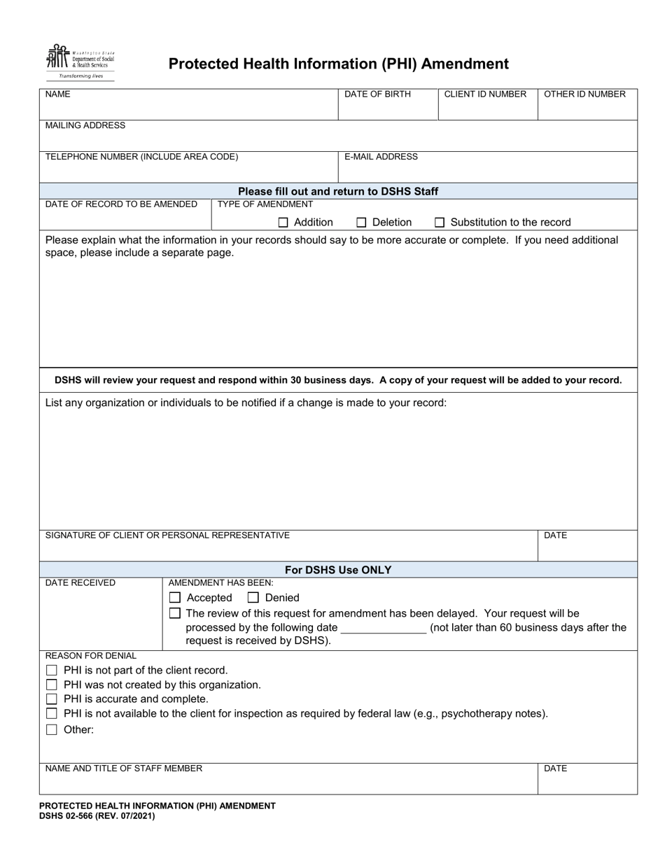 DSHS Form 02-566 Protected Health Information (Phi) Amendment - Washington, Page 1