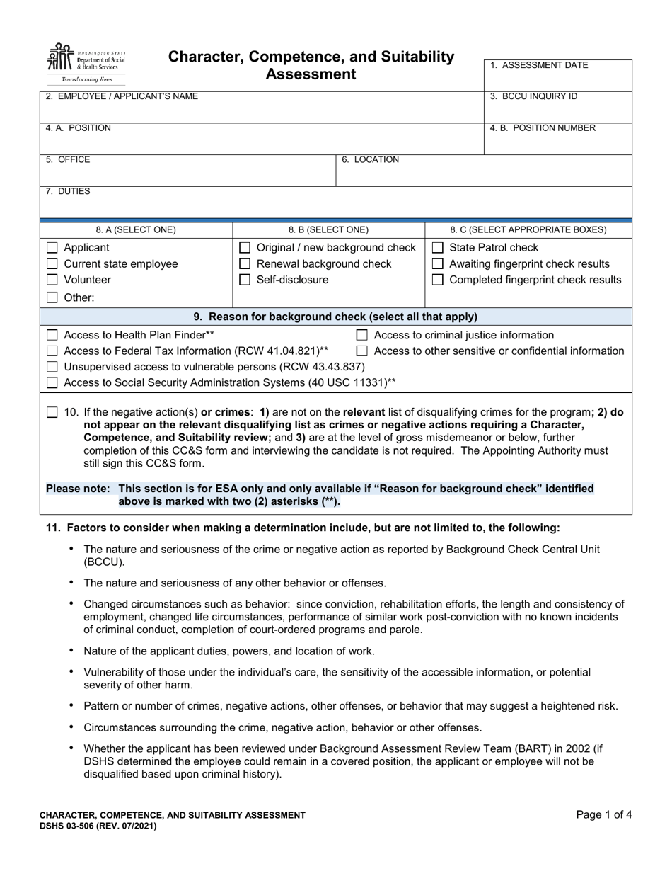 DSHS Form 03-506 Character, Competence, and Suitability Assessment - Washington, Page 1