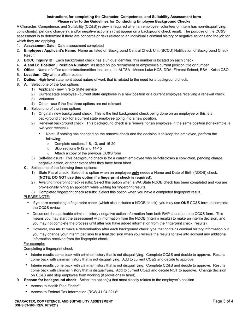 DSHS Form 03-506 Character, Competence, and Suitability Assessment - Washington, Page 3