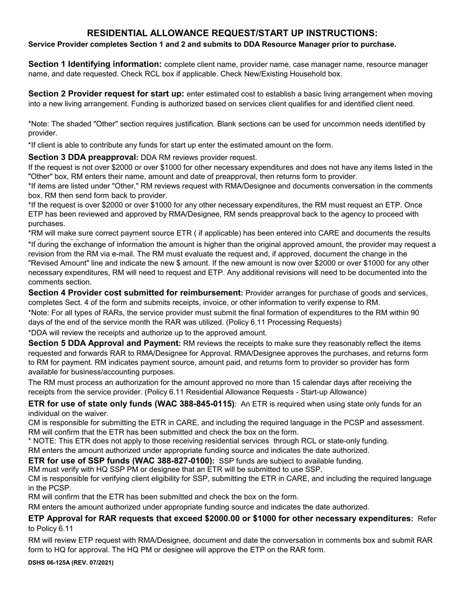 DSHS Form 06-125A Residential Allowance Request - Start-Up Costs - Washington, Page 2