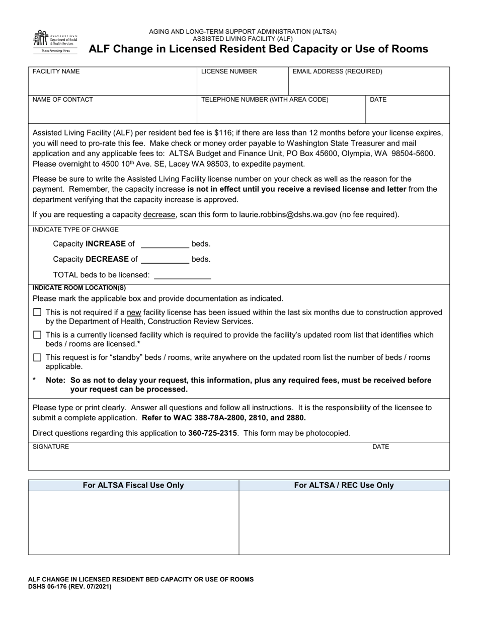 DSHS Form 06-176 Alf Change in Licensed Resident Bed Capacity or Use of Rooms - Washington, Page 1
