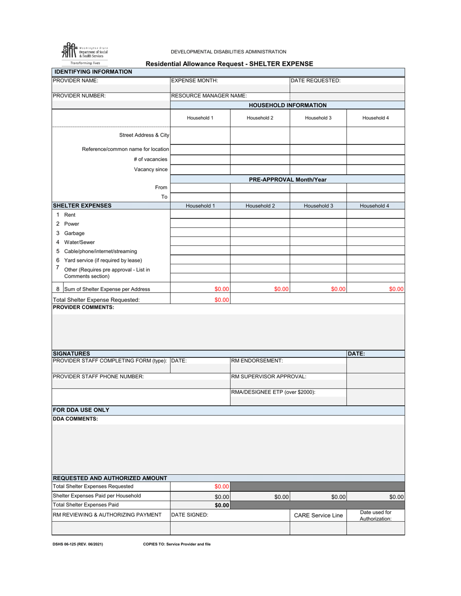 DSHS Form 06-125C Residential Allowance Request - Shelter Expense - Washington, Page 1