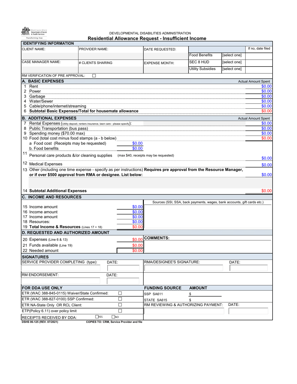 DSHS Form 06-125 Residential Allowance Request - Insufficient Income - Washington, Page 1