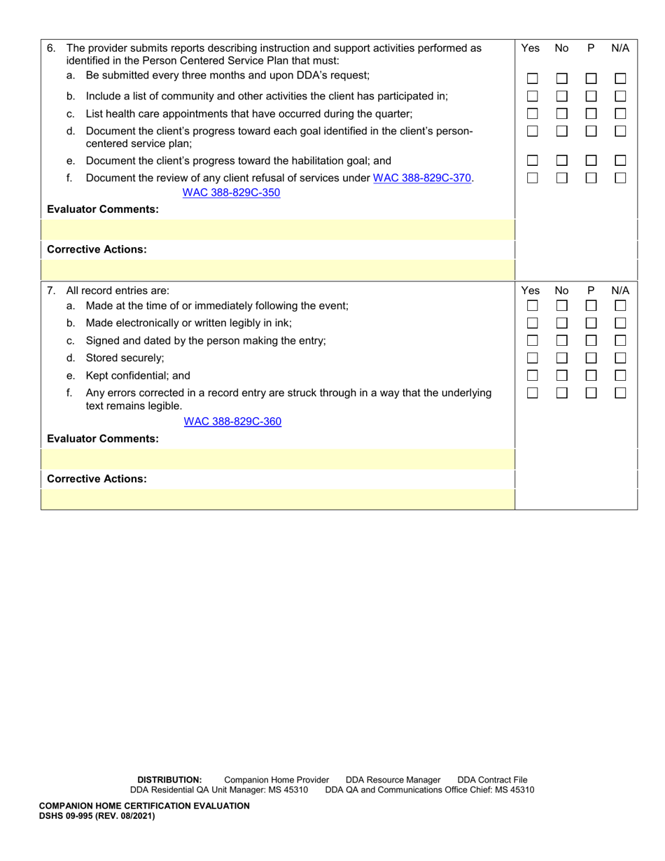 DSHS Form 09-995 Companion Home Certification Evaluation - Washington, Page 11