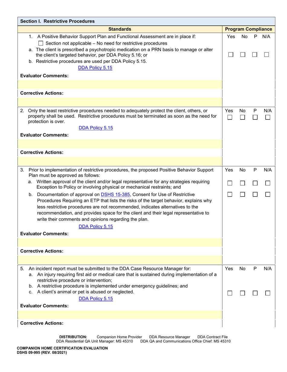 DSHS Form 09-995 Companion Home Certification Evaluation - Washington, Page 15