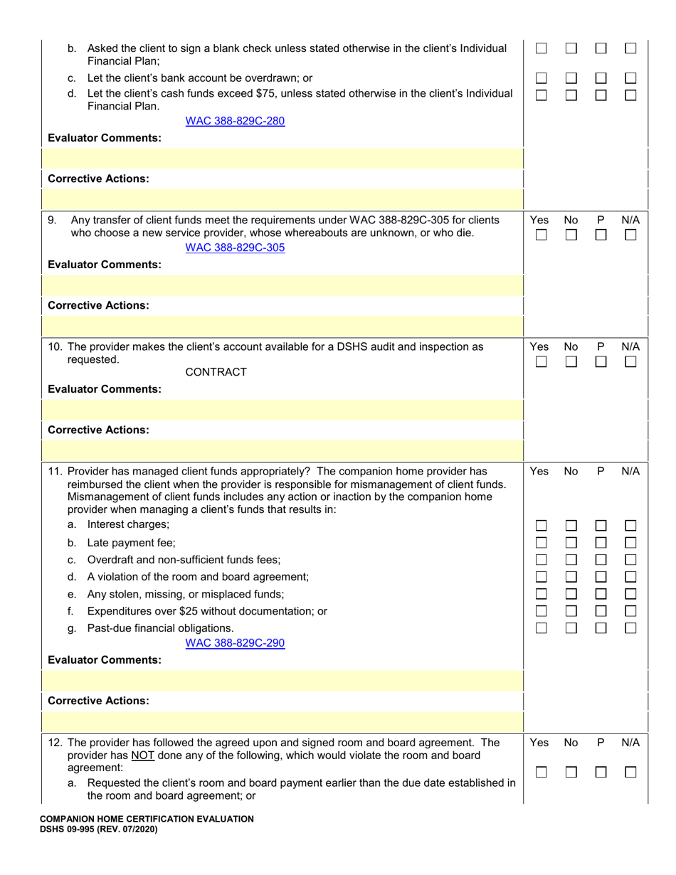 DSHS Form 09-995 Companion Home Certification Evaluation - Washington, Page 19