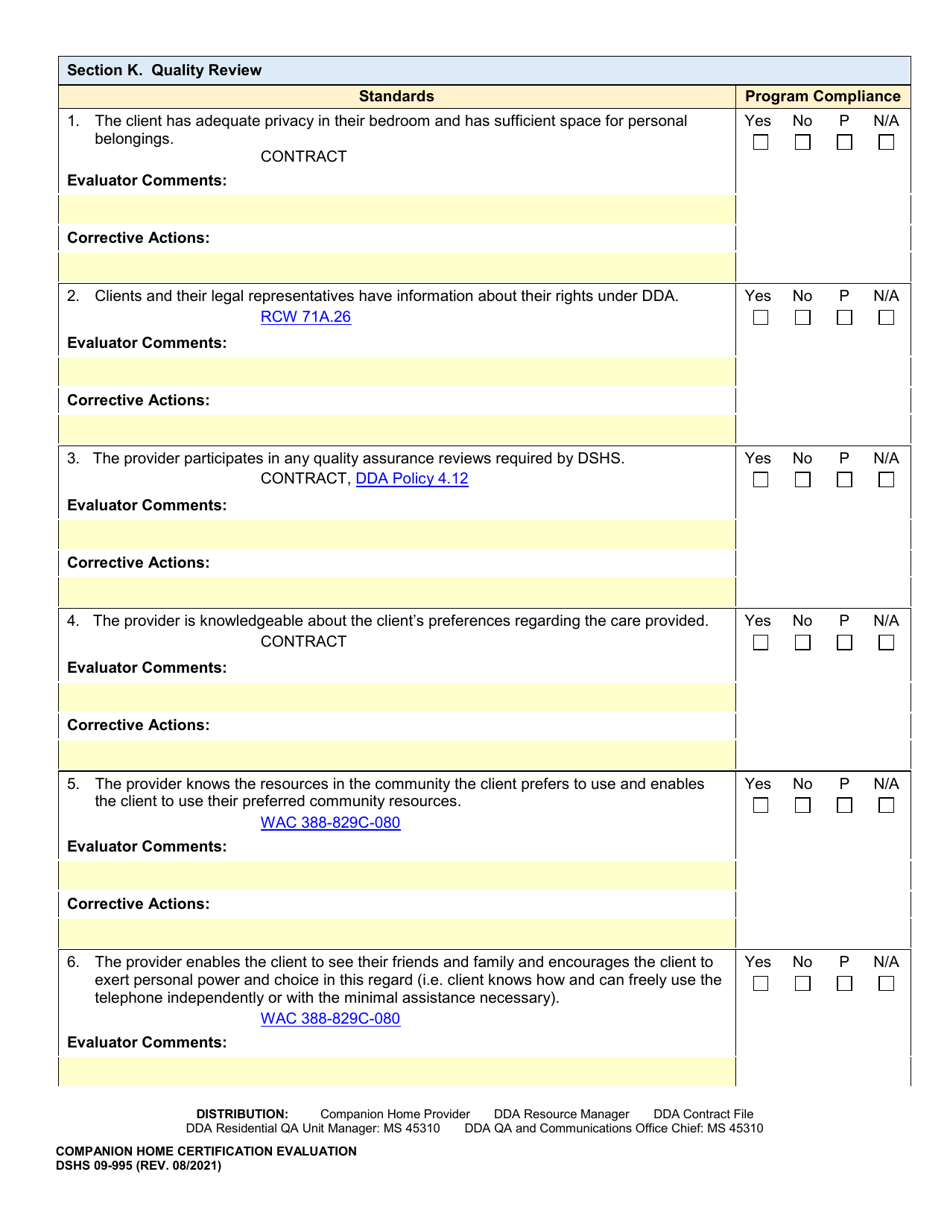 DSHS Form 09-995 Companion Home Certification Evaluation - Washington, Page 21