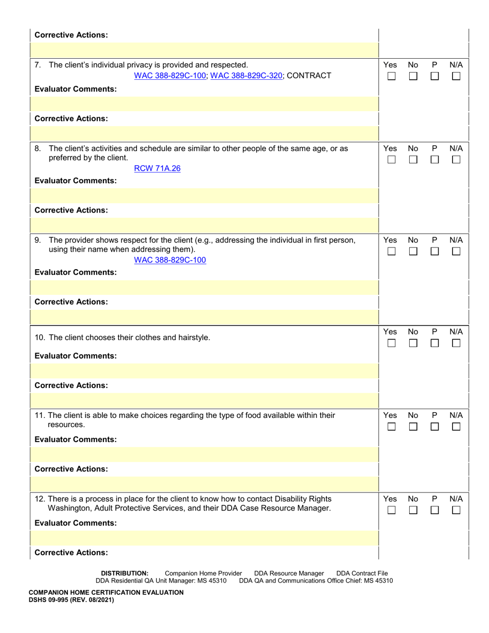 DSHS Form 09-995 Companion Home Certification Evaluation - Washington, Page 22