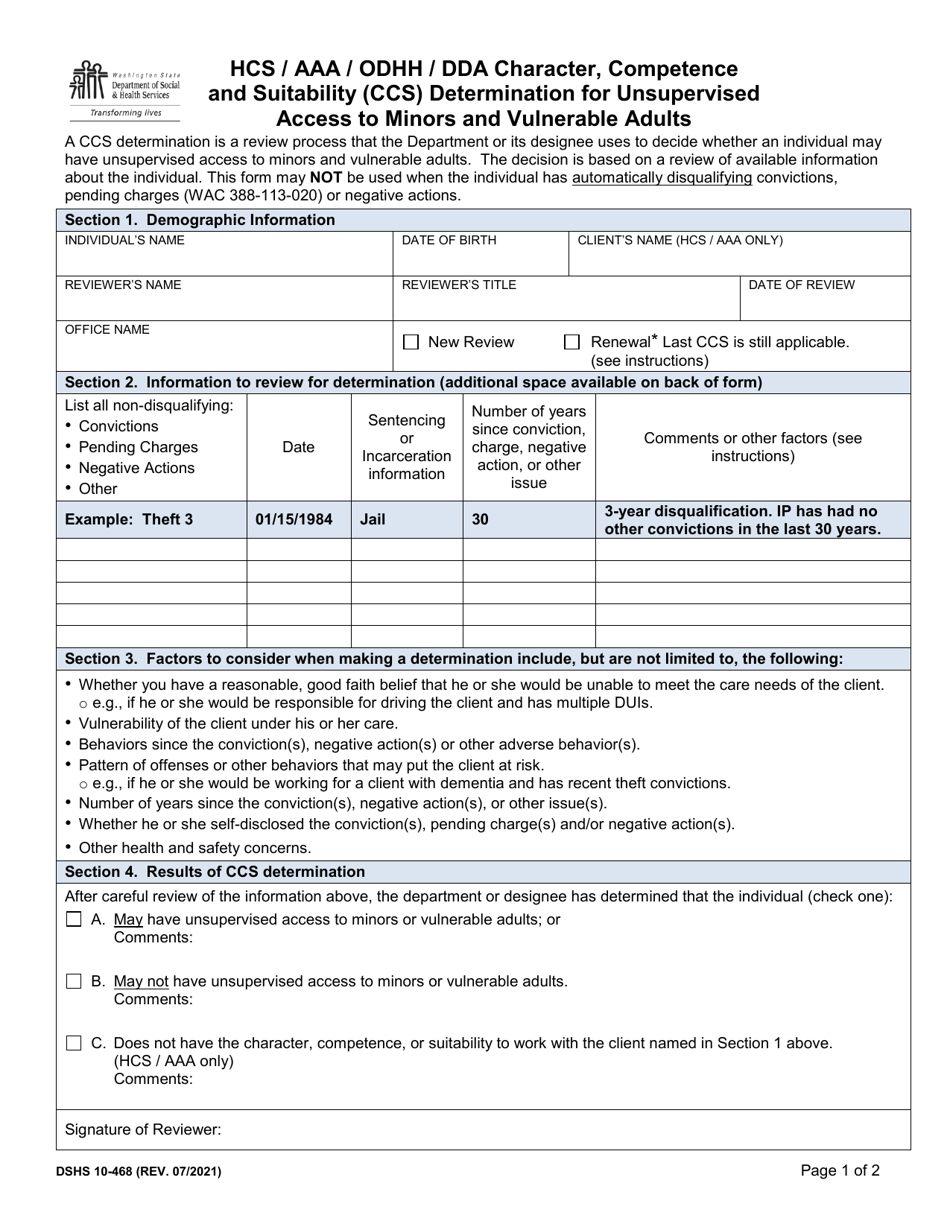 DSHS Form 10-468 Hcs / Aaa / Odhh / Dda Character, Competence and Suitability (Ccs) Determination for Unsupervised Access to Minors and Vulnerable Adults - Washington, Page 1