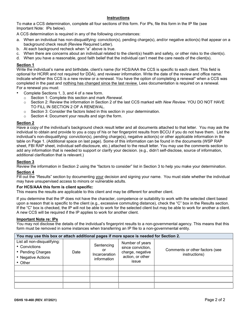 DSHS Form 10-468 Hcs / Aaa / Odhh / Dda Character, Competence and Suitability (Ccs) Determination for Unsupervised Access to Minors and Vulnerable Adults - Washington, Page 2