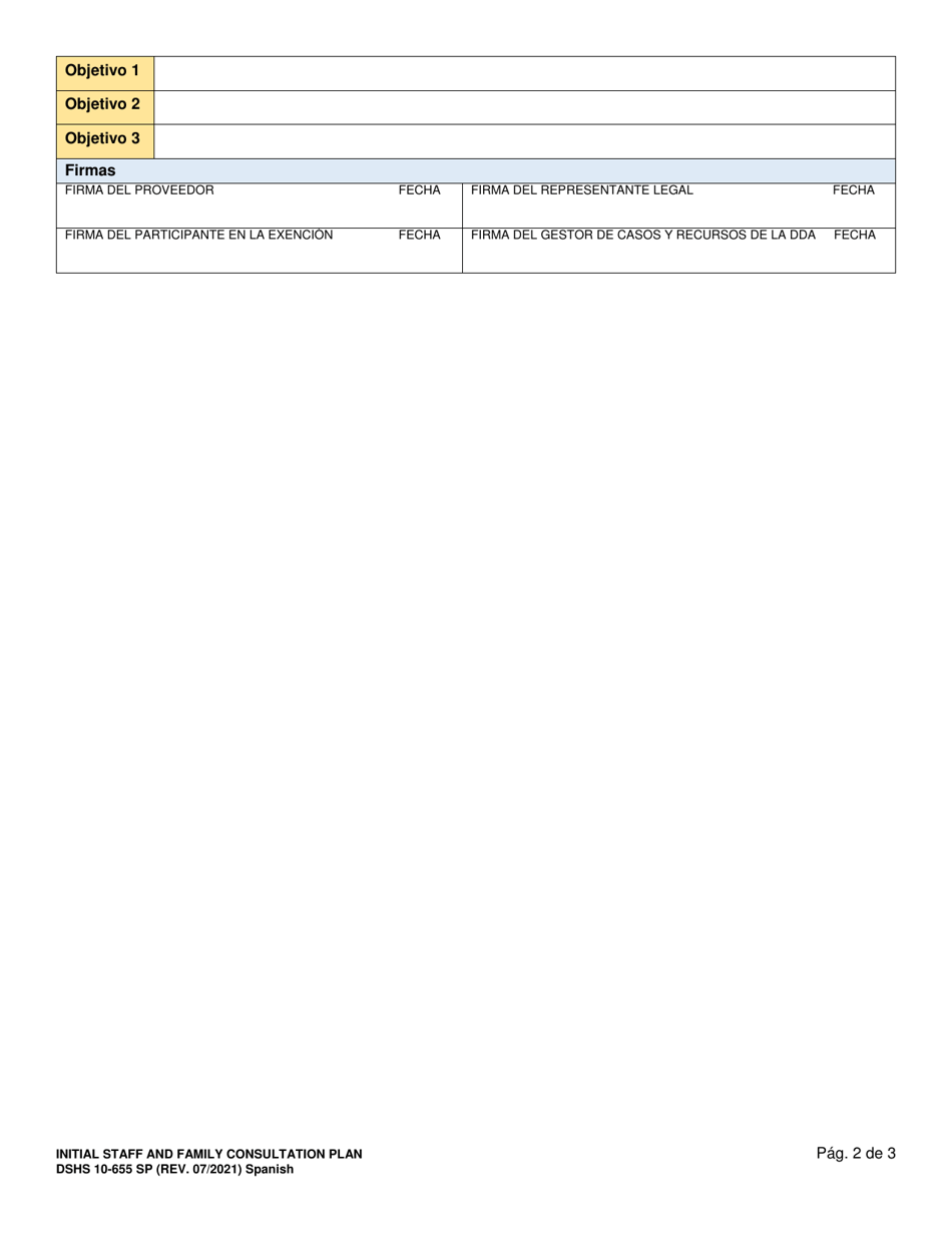 DSHS Formulario 10-655 Plan De Consulta Inicial Para El Personal Y La Familia - Washington (Spanish), Page 2