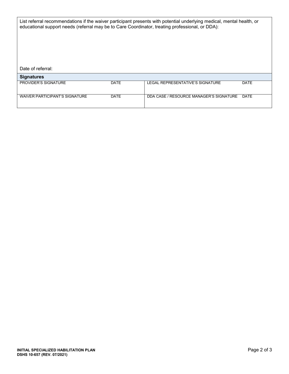 DSHS Form 10-657 Initial Specialized Habilitation Plan - Washington, Page 2