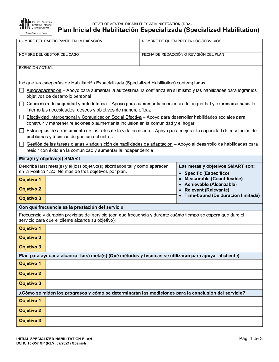 DSHS Formulario 10-657 Plan Inicial De Habilitacion Especializada - Washington (Spanish), Page 1