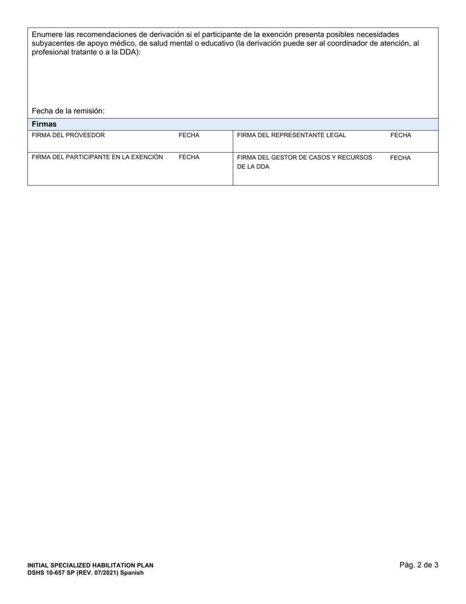 DSHS Formulario 10-657 Plan Inicial De Habilitacion Especializada - Washington (Spanish), Page 2