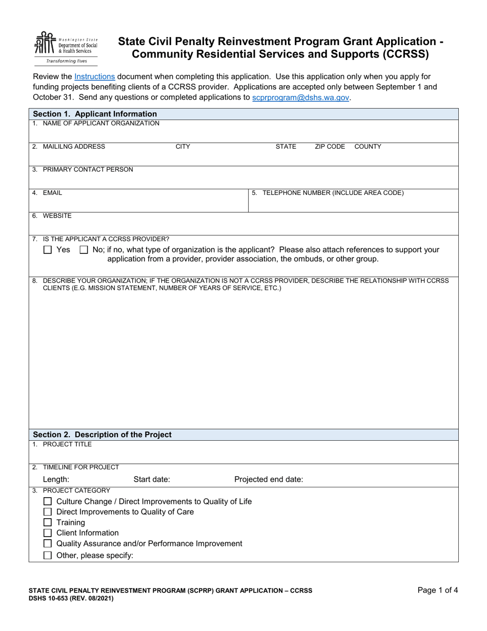 DSHS Form 10-653 State Civil Penalty Reinvestment Program Grant Application - Community Residential Services and Supports (Ccrss) - Washington, Page 1