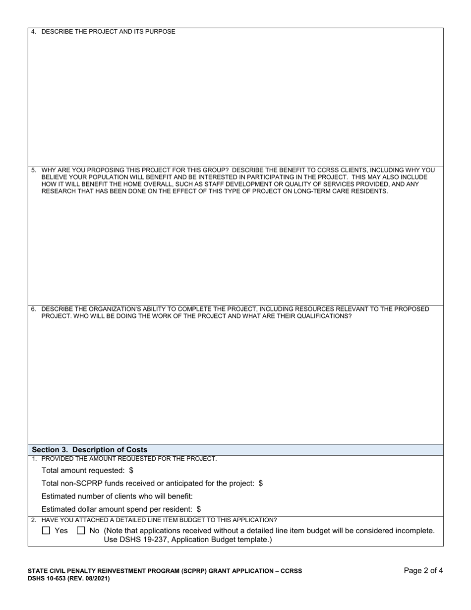 DSHS Form 10-653 State Civil Penalty Reinvestment Program Grant Application - Community Residential Services and Supports (Ccrss) - Washington, Page 2