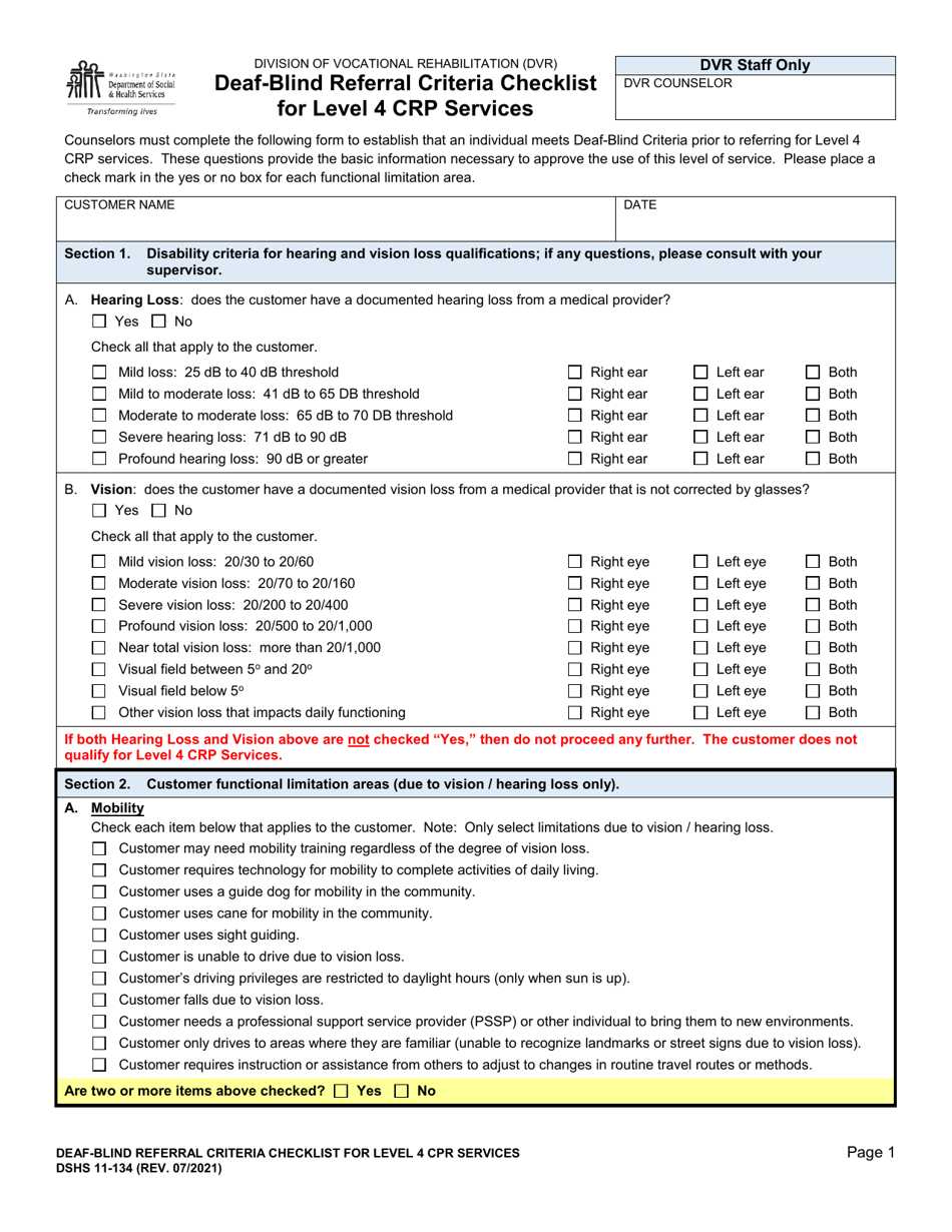 DSHS Form 11-134 Deaf-Blind Referral Criteria Checklist for Level 4 Crp Services - Washington, Page 1