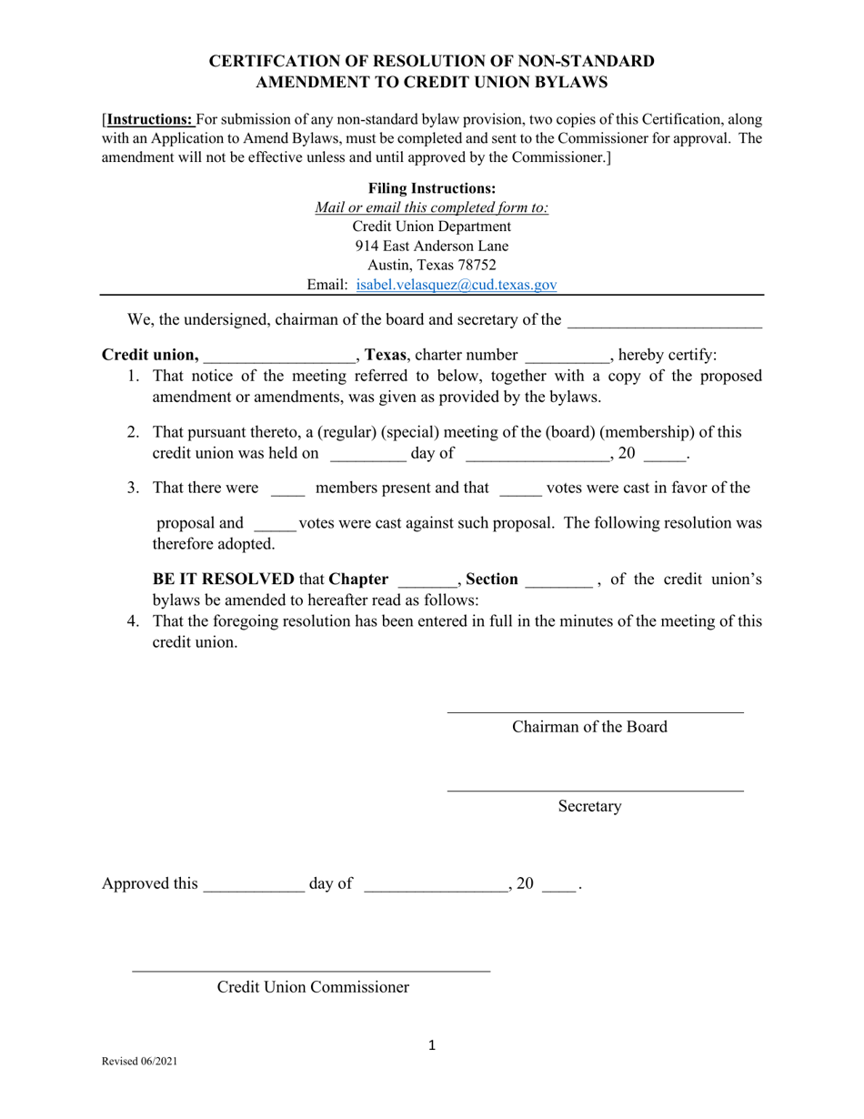Certification of Resolution of Non-standard Amendment to Credit Union Bylaws - Texas, Page 1