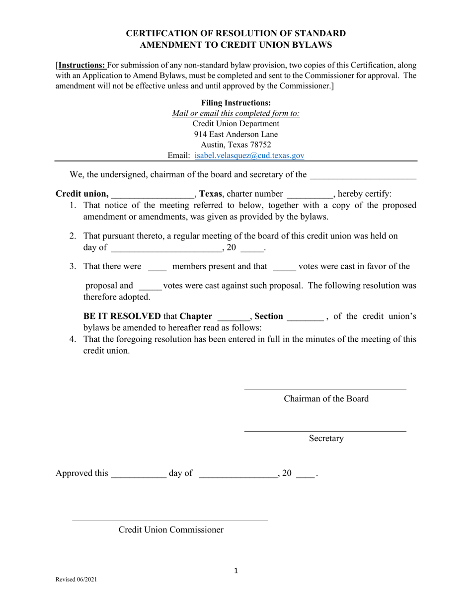 Certification of Resolution of Standard Amendment to Credit Union Bylaws - Texas, Page 1