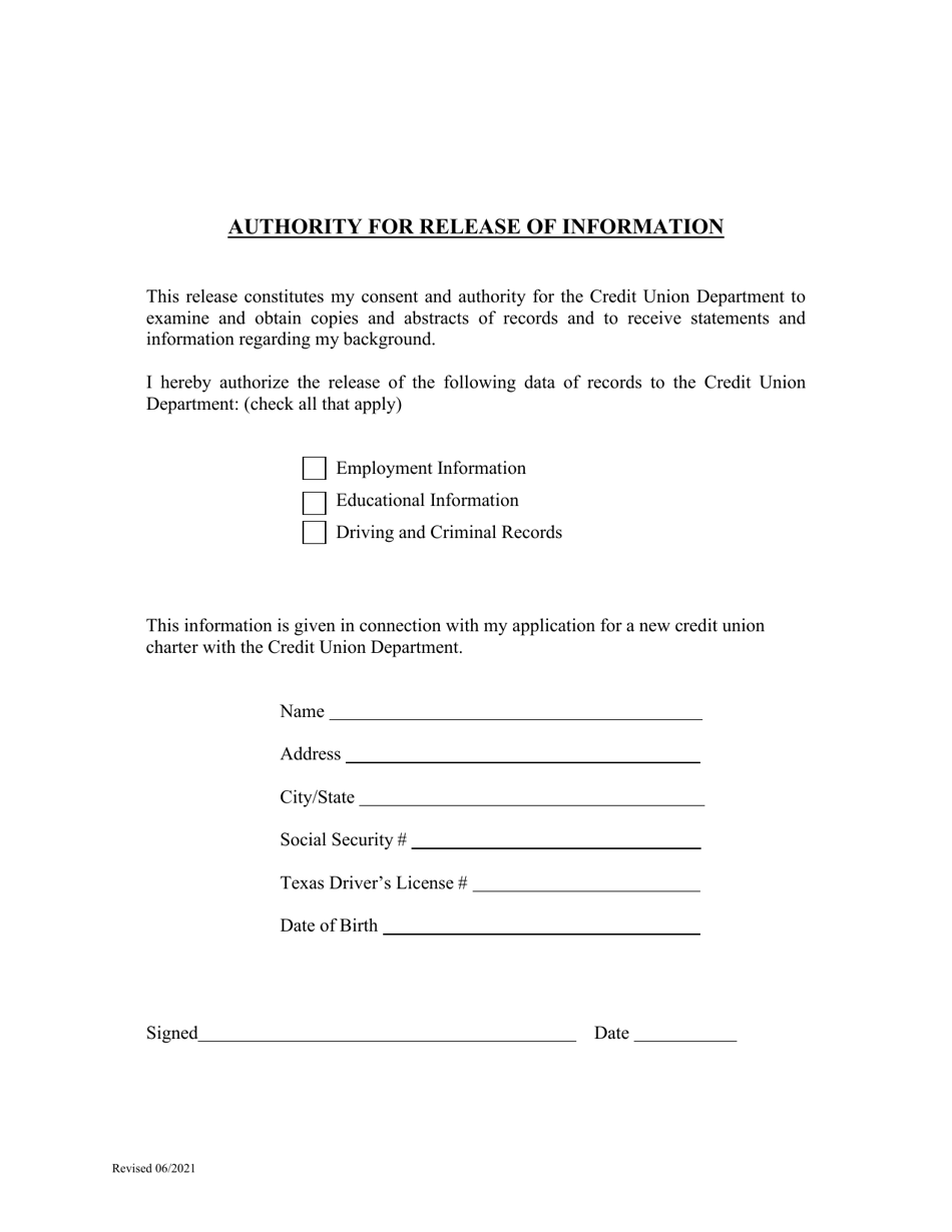 Authority for Release of Information - Texas, Page 1