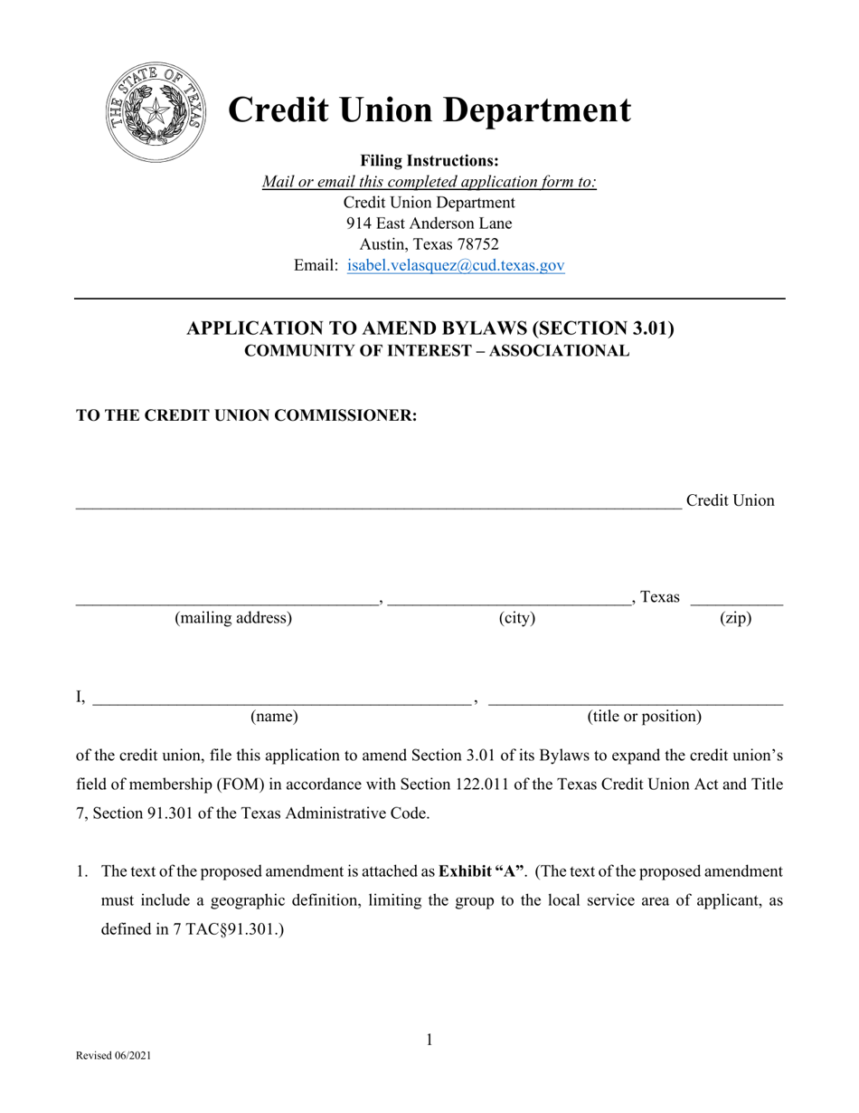 Application to Amend Bylaws (Section 3.01) Community of Interest - Associational - Texas, Page 1