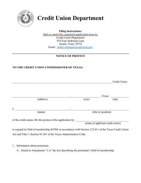 Notice of Protest of Field of Membership Application - Texas Download Pdf