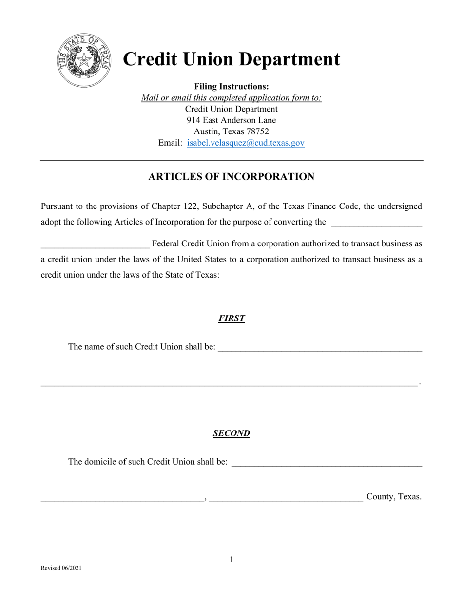 Articles of Incorporation - Charter Conversion - Texas, Page 1