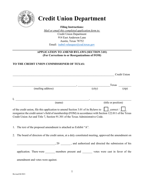 Application to Amend Bylaws (Section 3.01) (For Corrections to or Reorganizations of Fom) - Texas