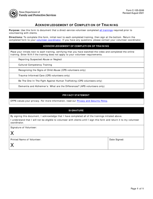 Form C-105-0249 Acknowledgement of Completion of Training - Texas