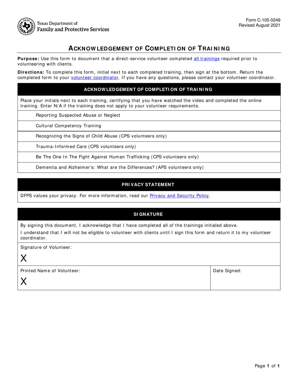 Form C-105-0249 Acknowledgement of Completion of Training - Texas, Page 1