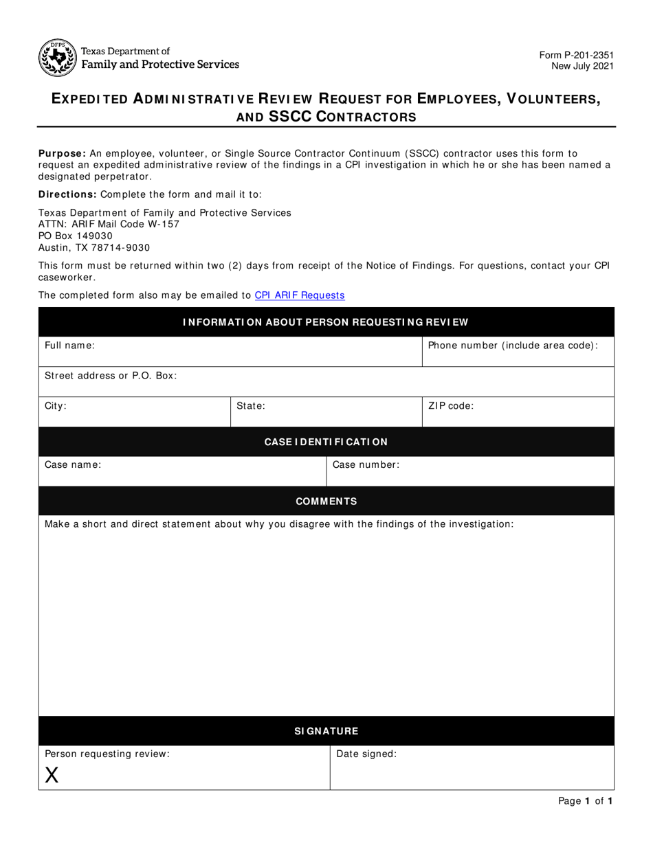 Form P-201-2351 Expedited Administrative Review Request for Employees, Volunteers, and Sscc Contractors - Texas, Page 1